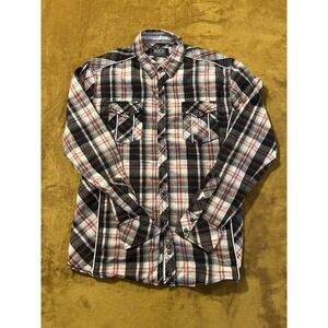 BKE Pearl Snap Shirt Men Size Large BLK Red PlaidLong Sleeve Athletic Fit Buckle
